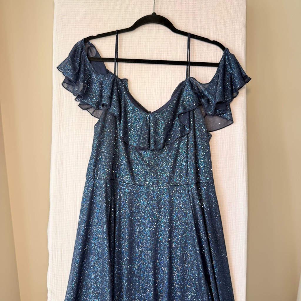 Alexa B Nites Long Dress Shiny Blue/Black Sz 14w Fully Lined
